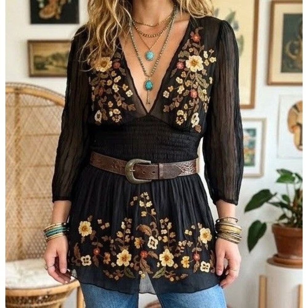Floral Embroidery Peasant Top Black Sheer Boho V-Neck Small 100% Silk Goth Fairy